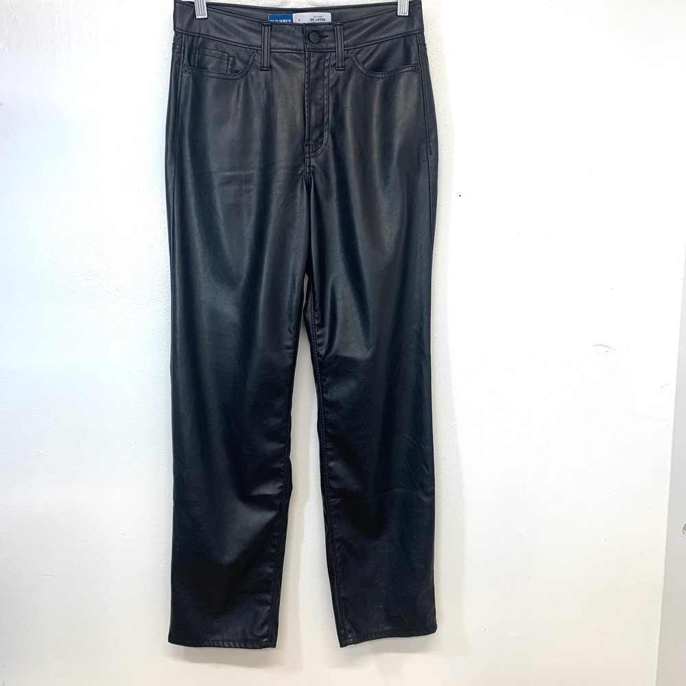 Old Navy High-Rise OG Loose Faux Leather Pants Black Women Size 4 Stretch Gothic